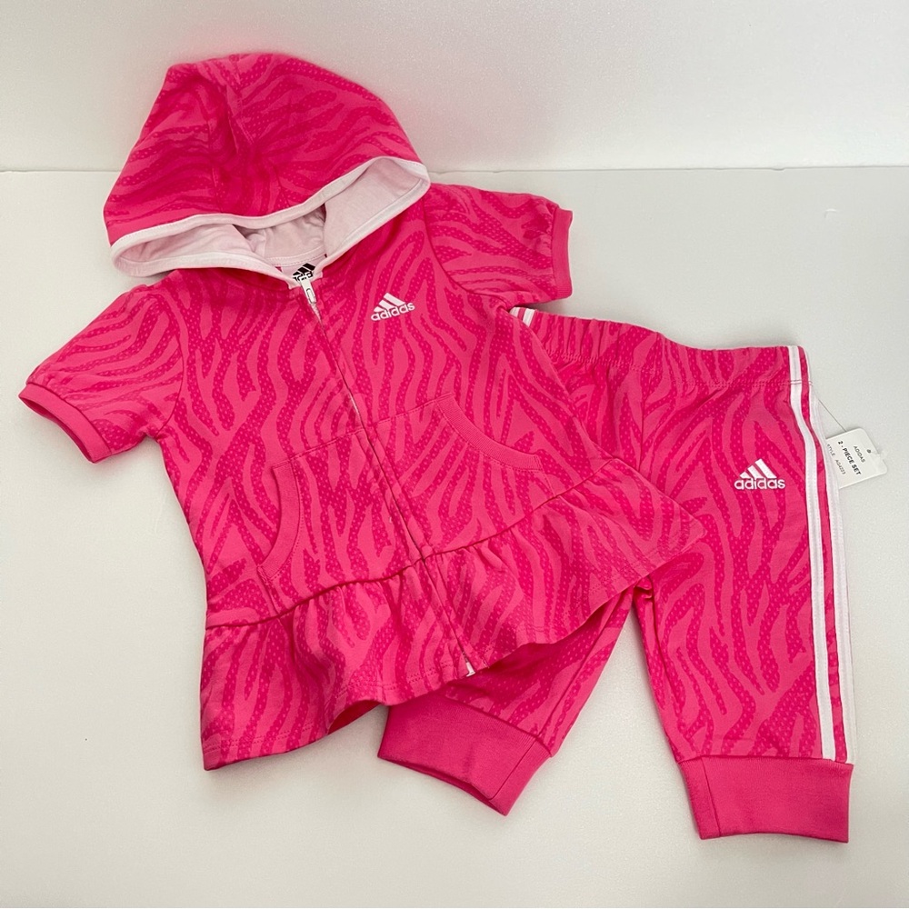 Adidas Kids Zebra Print Pink Hooded Ruffle Zip Up Tracksuit NWT size 24M